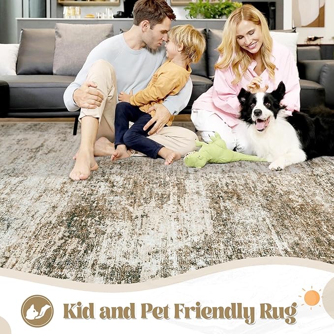 XLUEZ 5x7 Area Rugs for Living Room, Washable Modern Abstract Large Area Rug Neutral Soft Non Slip Kids Rug Stain Resistant Indoor Carpet for Bedroom Nursery Dining Room Playroom(Brown, 5'x7')