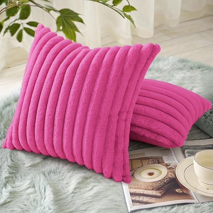 decorUhome Summer Cozy Faux Fur Throw Pillow Covers 24x24 Set of 2 Decorative Soft Plush Striped Modern Farmhouse Boho Couch Euro Sham Pillow Cases with Velvet Back for Sofa Bed Living Room, Hot Pink