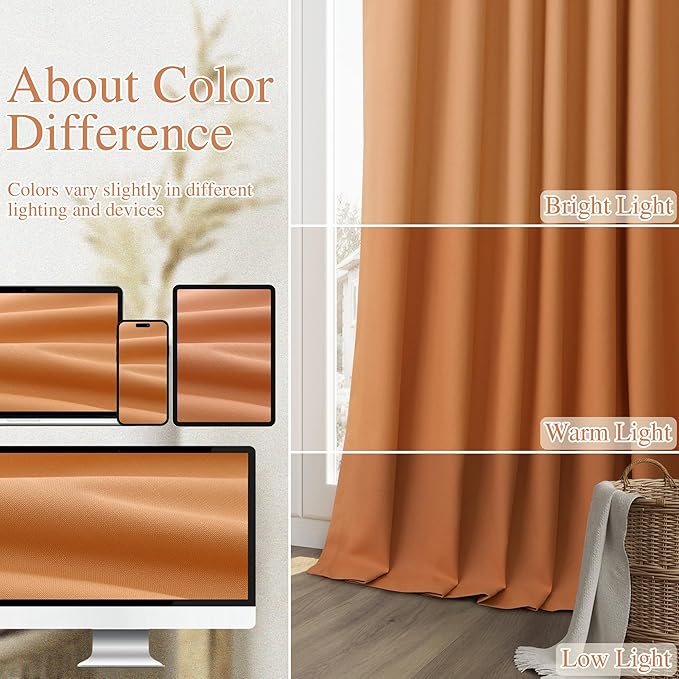 Guken Orange 100% Blackout Linen Curtains 102 Inch Length 2 Panels Set for Living Room Bedroom Back Tab Thermal Insulated 100% Black Out Drapes Room Darkening Farmhouse Window Curtains, 52x102