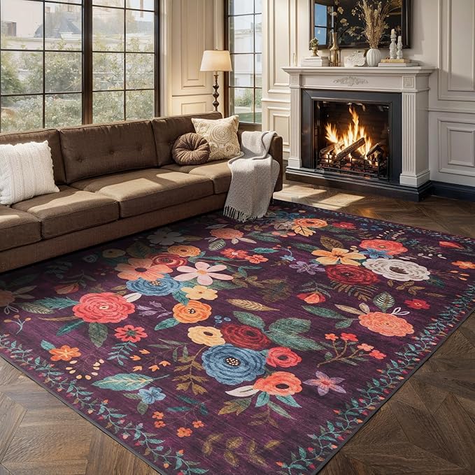 Area Rugs 9x12 Living Room Washable Rug Non Slip Floral Low Pile Large Rug for Living Room, Bedroom, Farmhouse, Dining Room, Kids Playroom(Purple Lawn, 9 x 12)