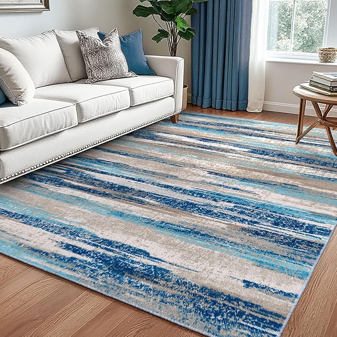 Lansny Modern Abstract 5x7 Machine Washable Area Rug Non-Slip Soft Bedroom Living Romm Rug Blue Ultra Thin Print Faux Wool Floor Carpet Throw Rugs for Nursery Playroom Dining Room Indoor Office