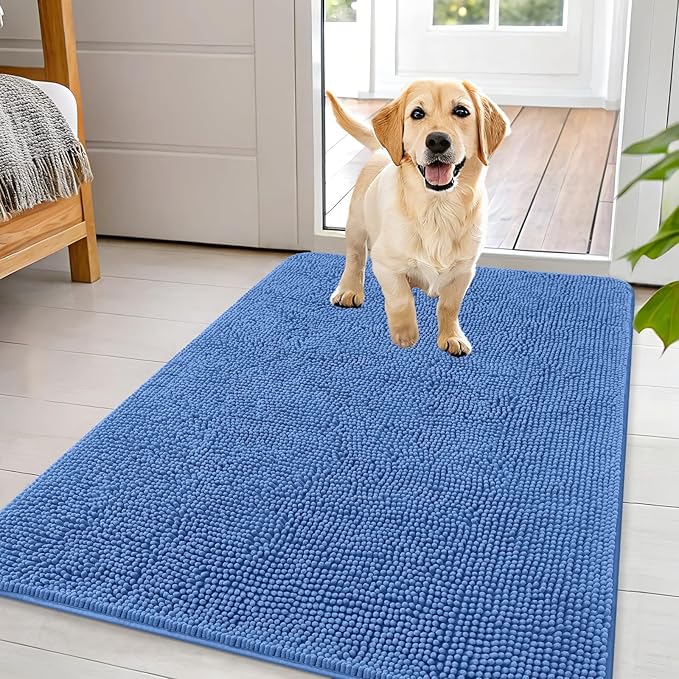 OLANLY Dog Door Mat for Muddy Paws 44x32, Absorbs Moisture and Dirt, Absorbent Non-Slip Washable Doormat, Quick Dry Chenille Mud Mat, Entry Indoor Entryway Carpet for Inside Floor, Cornflower Blue