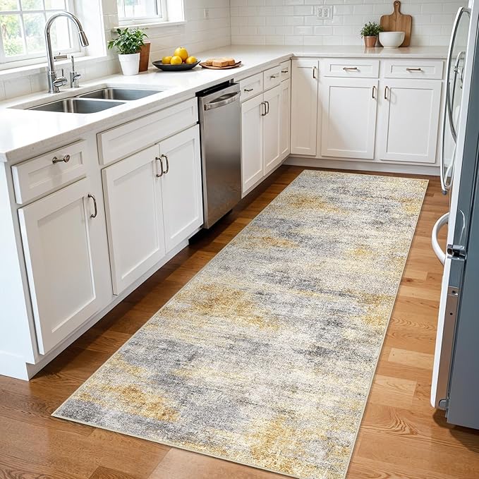 3x7 Washable Kitchen Runner Rug: Modern Abstract Runners for Hallway Soft Non Slip Rugs with Rubber Backing Low Pile Thin Floor Carpet for Entryway Bedroom Bathroom Bedside Indoor(Grey/Yellow,3x7)
