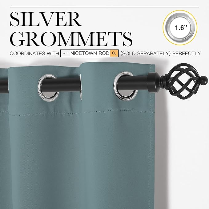 NICETOWN Modern Blackout Curtains Noise Reducing, Thermal Insulated and Privacy Room Darkening Drape Panels for Boy's Guest Room Door Small Short Window (Greyish Blue, 2 Panels, W34 x L63 -Inch)