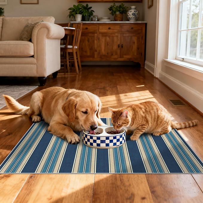 Striped Outdoor Rug - 28" x 43" Front Door Mat Indoor Outside Entrance Non-Slip Washable Outdoor Mat Navy Blue Coastal Rug for Entryway Kitchen Bedroom Welcome Layered Doormat for Front Porch