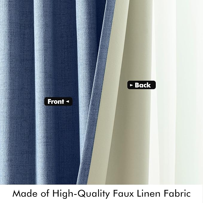 MIULEE 100% Blackout Linen Curtains for Bedroom, Blue Solid Luxury Decor Thermal Insulation Room Darkening Drapes for Living Room Nursery Back Tab Rod Pocket 42 x 63 Inches, 2 Panels