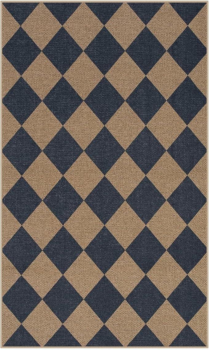 Lahome Colette Checkered Easy Jute Entryway Rug, 3x5 Washable Area Rugs for Living Room Outdoor Patio, Non Slip Blue Indoor Door Mat Checkerboard Throw Carpet for Entry Front Door Guestroom Deck