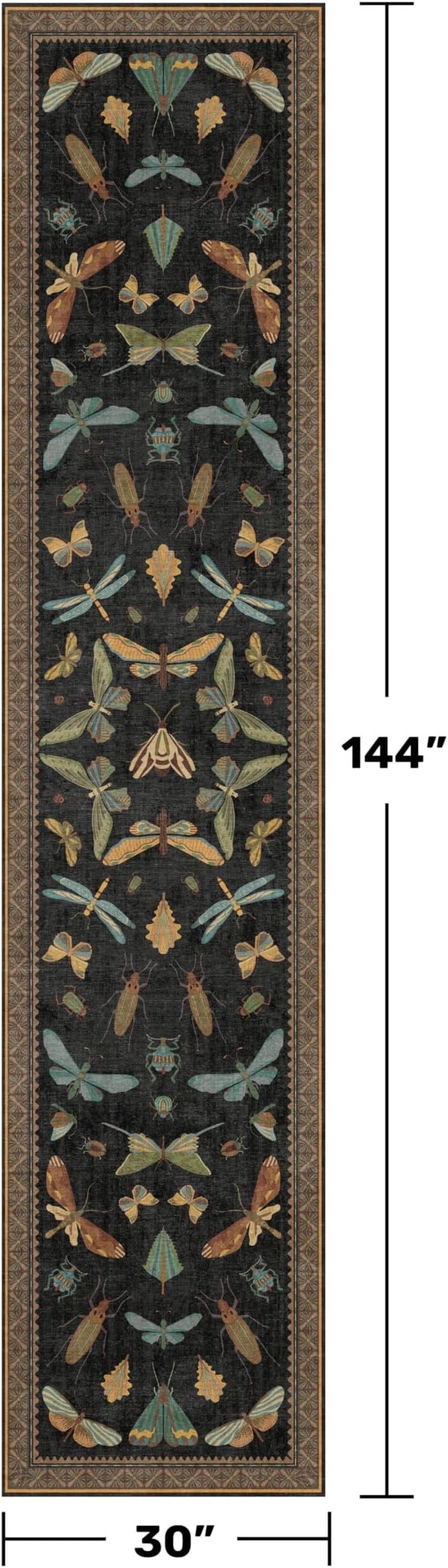 Black Insect 2'6"x12' Washable Extra Long Runner Rugs for Hallways, Non Skid Stain Resistant Wide Rug Runners for Kitchen, Entryway, Mudroom, Dark Cottagecore Boho Butterfly Pattern Indoor Décor