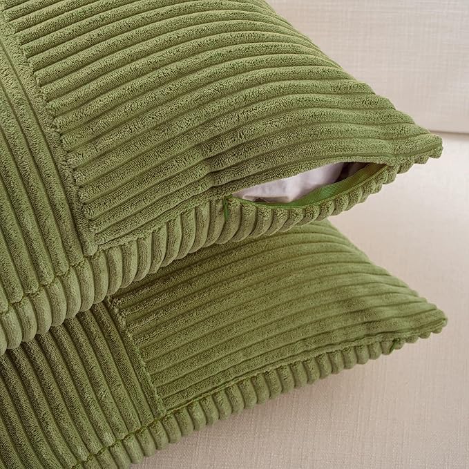 Fancy Homi 2 Packs Moss Green Samll Decorative Throw Pillow Covers 14x14 Inch with for Couch Bed Sofa, Rustic Farmhouse Boho Home Decor, Soft Corss Patchwork Corduroy Square Cushion Case 35x35 cm