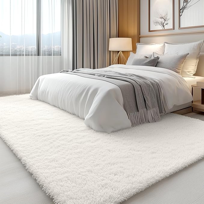 OLANLY 6x6 Area Rugs for Living Room Bedroom, Machine Washable Soft Fluffy Shaggy Bedside Rug, Indoor Floor Carpet for Kids Girls and Boys, Dorms, Nursery Rooms, Home Decor Aesthetic, Ivory
