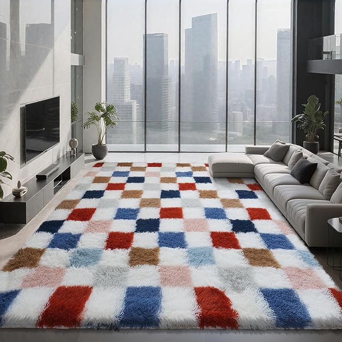 Large Shag Area Rug for Bedroom Living Room,9x12 Fluffy Soft Colorful Checkered Rug Fuzzy Shaggy Bedroom Carpet,Indoor Plush Floor Rugs for Kids Boys Girls Teen Dorm Nursery Home Decor