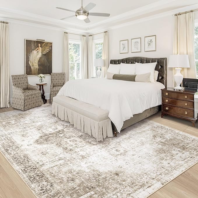 Area Rug 10x14 Washable Rug, Vintage Boho Medallion Rugs Non-Slip Soft Low Pile Large Distressed Rug Indoor Retro Carpet for Living Room Bedroom Dining Room Home Office (Taupe, 10'x14')