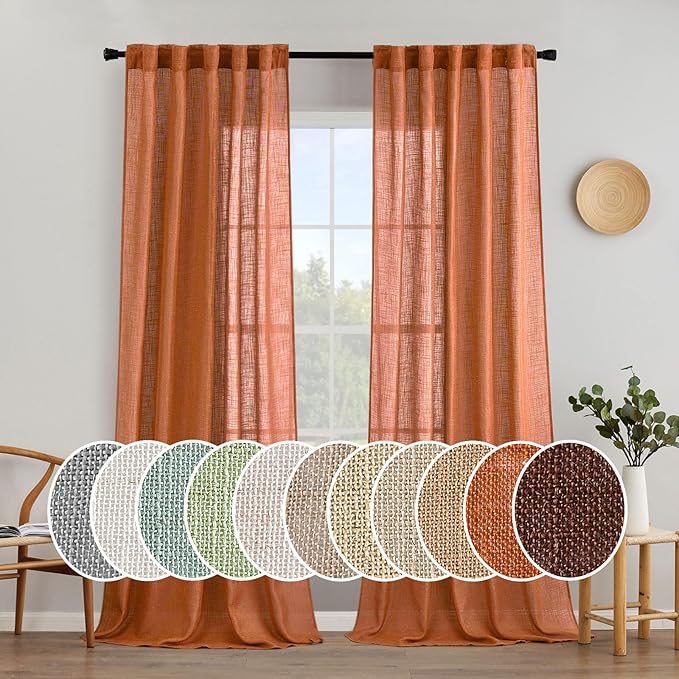 MIULEE Orange Curtains 90 Inch Length 2 Panels for Bedroom Living Room, Soft Thick Linen Textured Window Drapes Semi Sheer Light Filtering Back Tab Rod Pocket Burlap Look Fall Boho Decor