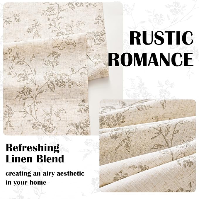 Lazzzy Farmhouse Linen Curtains Gray Floral Curtains 96 Inch Long Back Tab Drapes for Living Room Bedroom Light Filtering Country Vintage Rod Pocket Curtain, 2 Panels, Grey on Beige