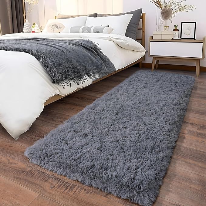 Ultra Soft Runner Rugs for Bedroom Hallways with Upgraded Non-Slip Rubber Backing & Thick Memory Sponge, 2x6 Feet Fluffy Shag Throw Area Rug for Bedside Dorm Dark Grey