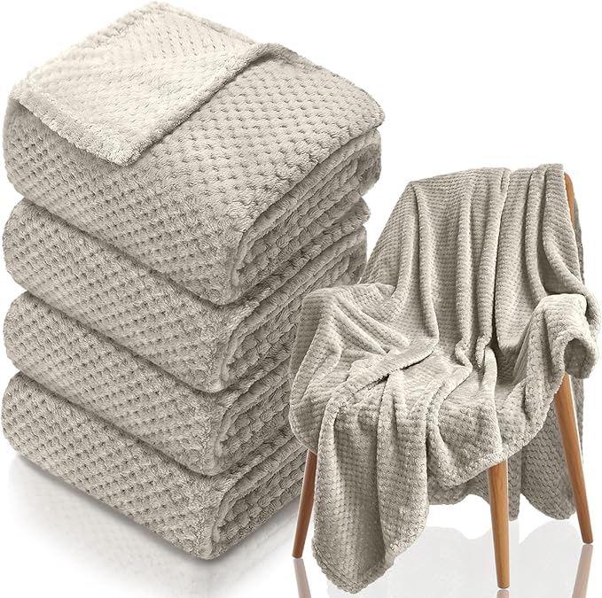4 Pack Fleece Throw Blankets 50x60 Inches - 270 GSM Ultra Soft Plush Flannel for Bed Couch Sofa, Lightweight Warm 3D Waffle Texture, No Shedding No Pilling All Season Throw (Light Beige)