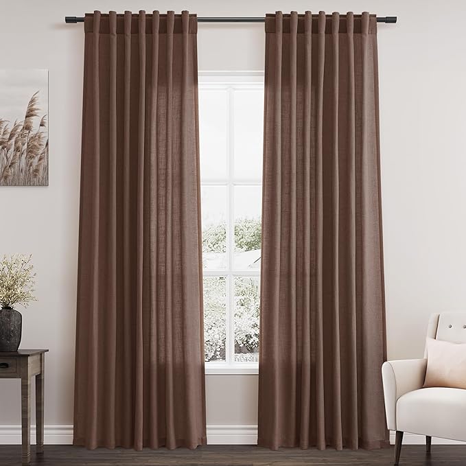 Mocha Mousse Curtains 84 Inch Length 2 Panels Set Back Tab Rod Pocke tLinen Blend Light Filtering Semi Sheer Textured for Neutral Farmhouse Living Room and Bedroom Decor 52x84