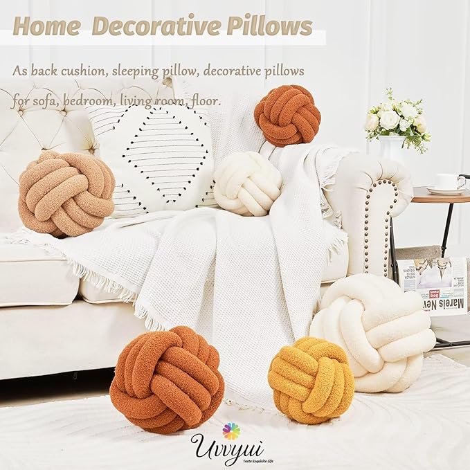 Uvvyui Knot Pillow Ball, Soft Home Decorative Pillows, Round Throw Pillow, Handmade Knotted Plush Pillow, Round Boucle Pillow Cushion (11 Inches Blue)