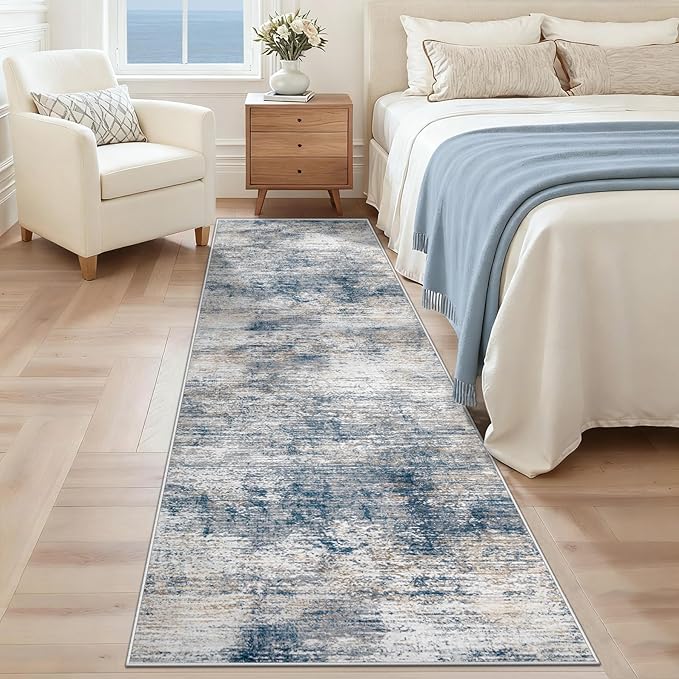 XLUEZ 2x8 Runner Rug for Hallway, Washable Modern Abstract Runner Rugs Neutral Soft Non Slip Kids Rug Stain Resistant Indoor Runners for Entryway Bedroom Kitchen Laundry Room(BlueWhite, 2'x8')