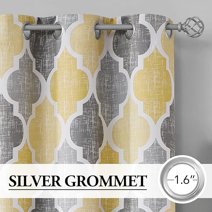 Beauoop 100% Blackout Curtains 96 Inches Long for Patio Sliding Door Yellow Grey Extra Wide Moroccan Geo Room Darkening Thermal Soundproof Room Divider Grommet Window Treatment Drapes,100x96 Set of 1