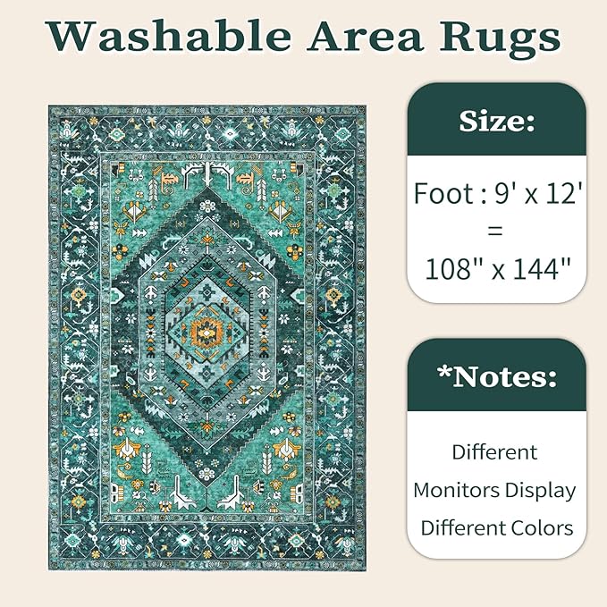 SERISSA Washable Rugs 9x12 Area Rugs, Large Non-Slip Boho Living Room Teal Rug, Ultra Soft Vintage Print Distressed Oriental Tribal Farmhouse Carpet for Dining Room Bedroom Dorm Office Home Decor