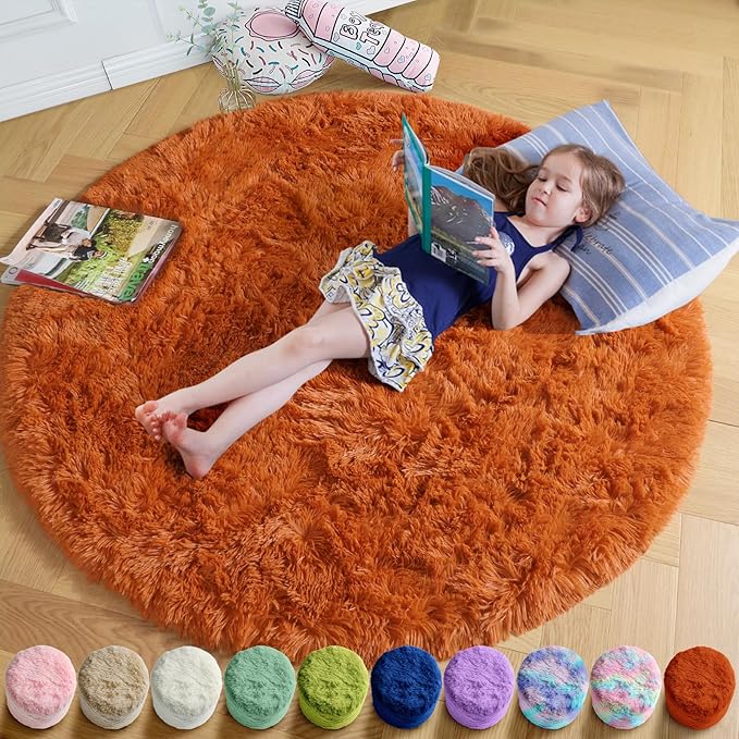 Amdrebio Burnt Orange Small Round Circle Rug 3Ft for Bedroom Living Room Aesthetic, Fluffy Fuzzy Furry Shaggy Area Rugs for Kids Room Decor, Plush Shag Dark Orange Carpet for Nursery Dorm Classroom