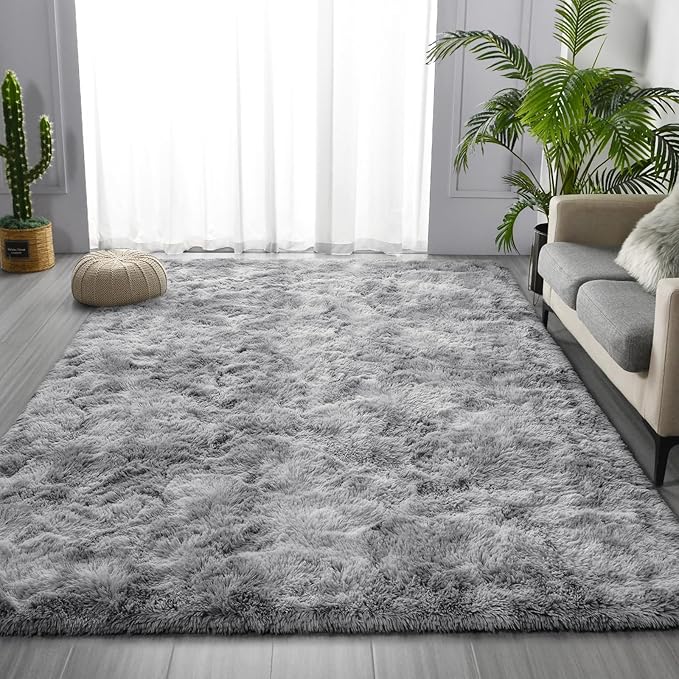 Large Shag Area Rugs 9 x 12, Tie-Dyed Plush Fuzzy Rugs for Living Room, Ultra Soft Fluffy Furry Rug for Bedroom, Indoor Carpet Nursery Rugs for Kids Room Home Decor, Light Grey