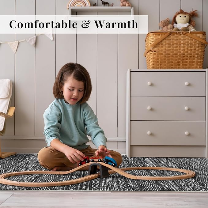 3x7 Washable Hallway Runner Rug - Moroccan Non-Slip Indoor Table Long Runners for Entryway Soft Low-Pile Neutral Rugs for Kitchen Waterproof Geometric Carpet for Bedroom Bathroom Laundry 3x7 Black