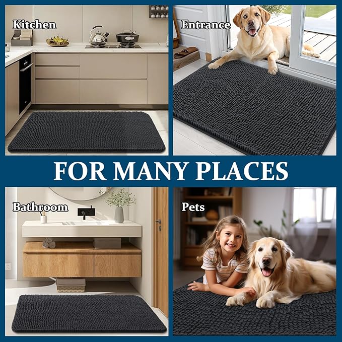 OLANLY Dog Door Mat for Muddy Paws 59x20, Absorbs Moisture and Dirt, Absorbent Non-Slip Washable Doormat, Quick Dry Chenille Mud Mat for Dogs, Entry Indoor Entryway Carpet for Inside Floor, Dark Grey