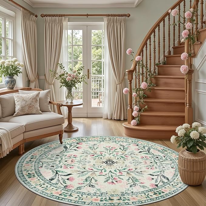 Round Area Rug for Living Room: 6 ft Floral Washable Circle Rug Soft Non-Slip Carpet Indoor Stain Resistant Low Pile Small Circular Rug for Bedroom Entryway Kitchen Nursery Home Office Green Beige