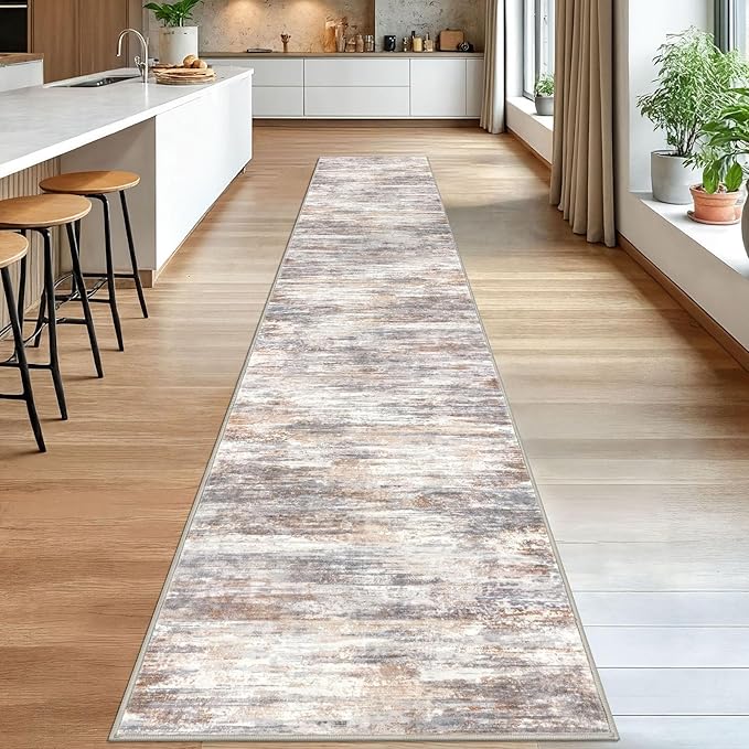 KOZYFLY Modern Abstract Washable Rug Runner 2.6x16 Hallway Rug Runner Non-Slip Soft Kitchen Runner Rugs, Multi Grey/Orange Striped Carpet for Stair Entryway Bathroom