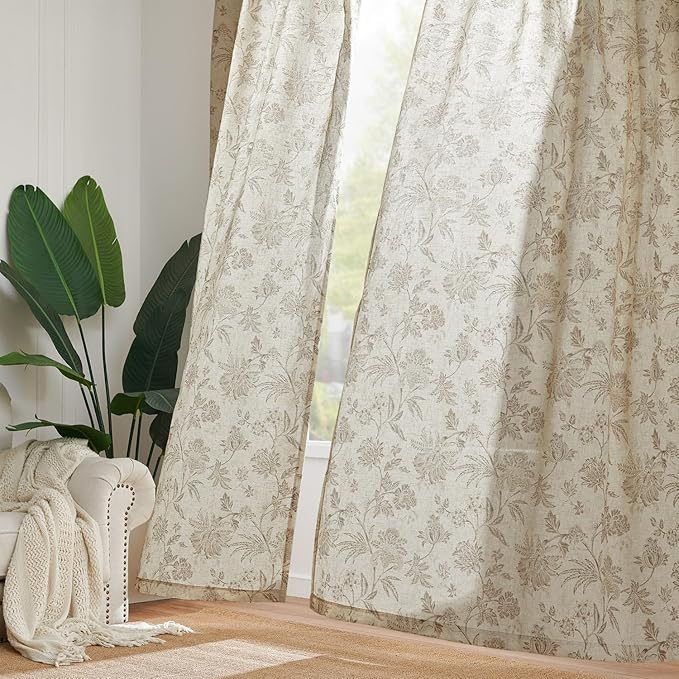 jinchan Linen Floral Curtains for Living Room with Printed Flower 63 Inches Long Light Filtering French Country Back Tab Rod Pocket Taupe Window Curtain Set Farmhouse Drapes 2 Panels Taupe