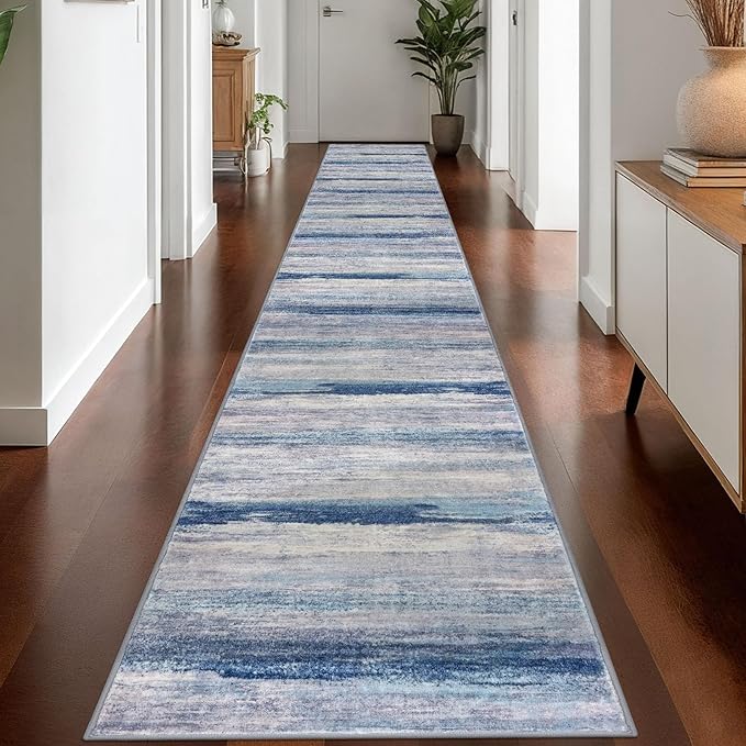 KOZYFLY Modern Abstract Washable Long Rug Runner 2.6x18 Hallway Rug Runner Non-Slip Soft Stair Runners, Blue/Grey/Beige Striped 18 feet Runner Rug for Kitchen Entryway Bathroom Foyer