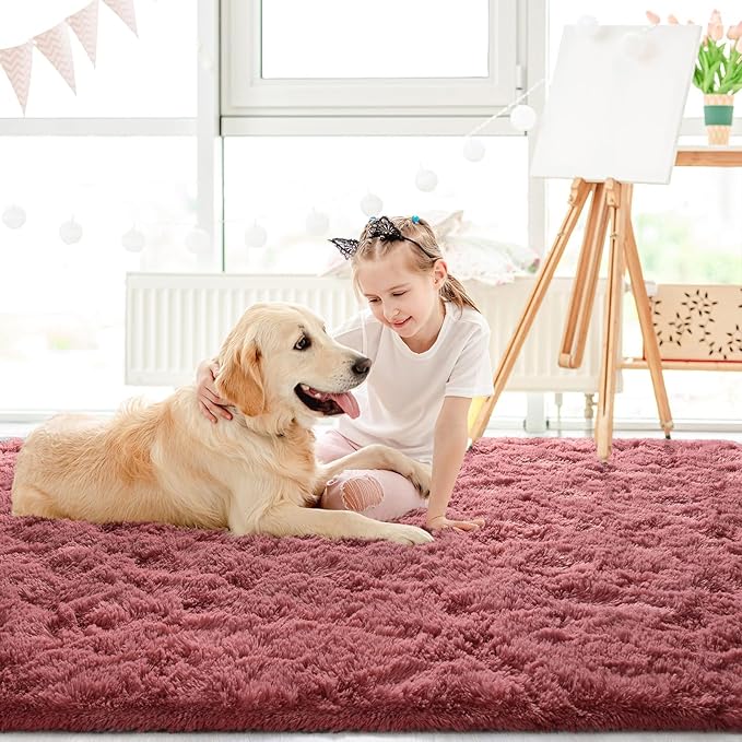 LOCHAS Ultra Soft Indoor Modern Area Rugs Fluffy Living Room Carpets for Children Bedroom Home Decor Nursery Rug 4x5.3 Feet,Blush