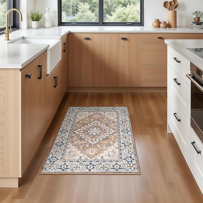 Lofus 2x3 Washable Rug for Entryway Bathroom, Non Slip Kitchen Mats for Floor, Vintage Soft Door Mat Indoor Entrance, Small Area Rugs, Farmhouse Carpet for Entry Living Room Bedroom, Floral Brown