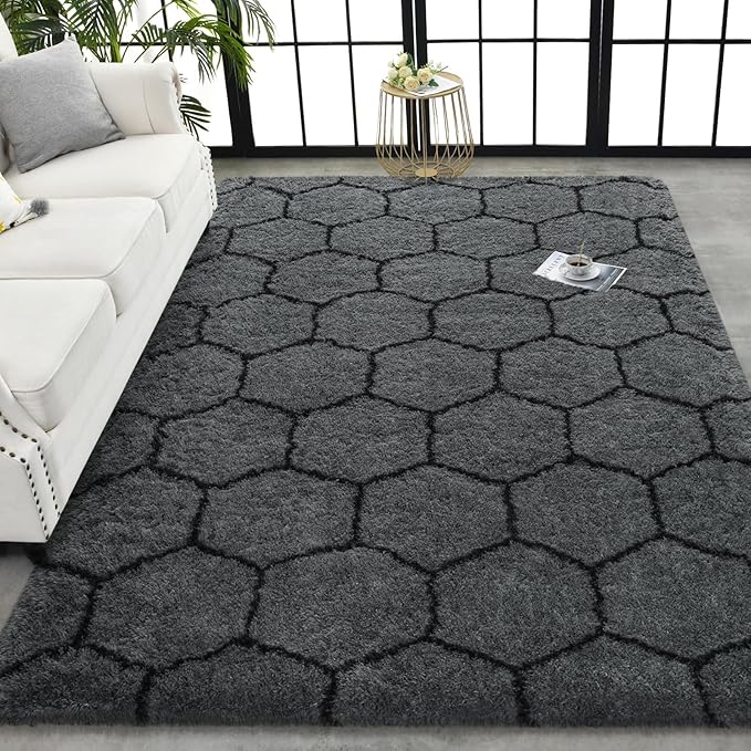 TWINNIS Super Soft Shaggy Rugs Fluffy Carpets, 6x9 Feet, Indoor Modern Plush Area Rugs for Living Room Bedroom Kids Room Nursery Home Decor, Upgrade Anti-Skid Rectangular Fuzzy Rug, Dark Gray