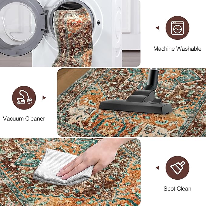 Washable Runner Rug, 2'3" x 14' Non-Slip Boho Vintage Hallway Rug Runner with Rubber Backing, Stain Resistant & Low Pile Faux Wool Distressed Carpet Runner for Bedroom, Kitchen, Laundry, Entrance