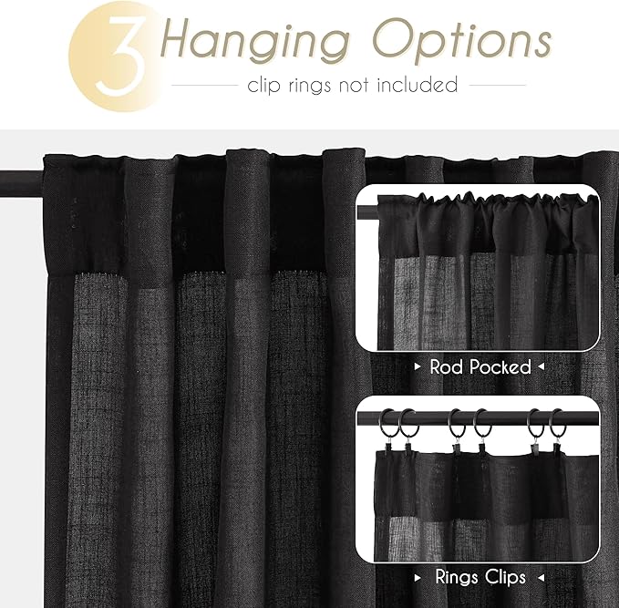 Black Linen Curtains 120 inches Long for Bedroom Back Tab Light Filtering Privacy Semi Sheer Black Curtains Living Room Boho Rustic Farmhouse Cotton Textured Gauze Curtain 2 Panel Set
