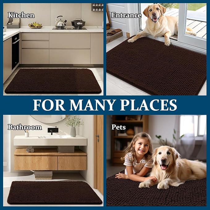 OLANLY Dog Door Mat for Muddy Paws 50x30, Absorbs Moisture and Dirt, Absorbent Non-Slip Washable Doormat, Quick Dry Chenille Mud Mat for Dogs, Entry Indoor Entryway Carpet for Inside Floor, Brown