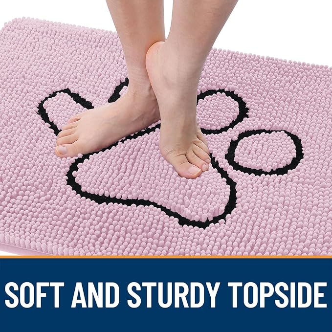 OLANLY Dog Door Mat for Muddy Paws 48x30, Paw Print Design, Absorbs Moisture and Dirt, Non-Slip Washable Doormat, Quick Dry Chenille Mud Mat for Dogs, Entry Indoor Entryway Carpet, Dusty Rose