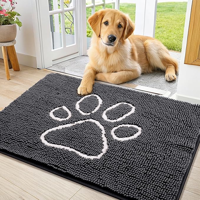 Smiry Dog Door Mat for Muddy Paws, Absorbent Dirt Trapper Non Slip Quick Dry Washable Chenille Mat for Mud Dogs, Entry Rug for Indoor and Outdoor (40x24 Inches, Dark Grey and White)