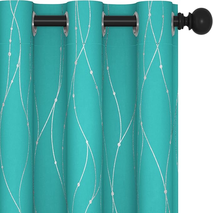 Deconovo Blackout Curtains for Bedroom, Thermal Insulated Soundproof Drapes with Wave Dot Foil Print, 42 x 84 Inch Long, Set of 2, Machine Washable Window Curtain for Living Room Office, Turquoise