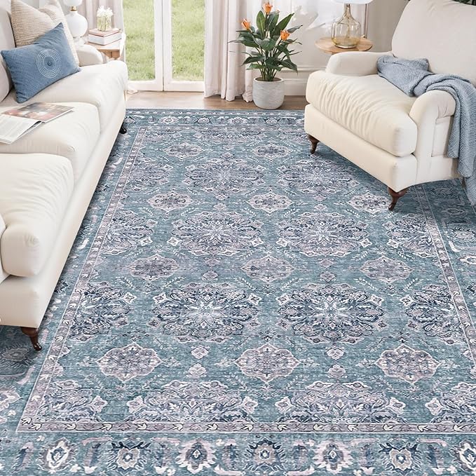 SERISSA Boho Area Rug 5x7 Blue Grey, Washable Large Rugs for Living Room, Ultra Soft Non-Slip Bedroom Rug Print Distressed Vintage Floral Carpet Rug for Dining Room Dorm Office Home Decor
