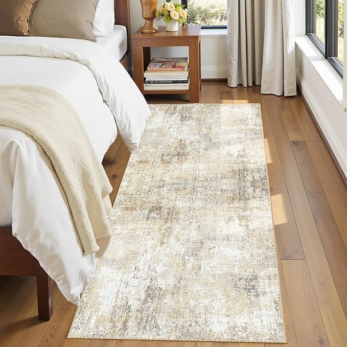 Washable Area Rugs 2'x8' Non-Slip Modern Abstract Soft for Living Room Entryway Bedroom Nursery, Print Pattern, Neutral Brown Gray