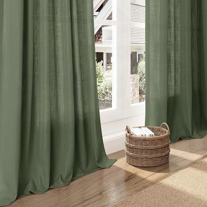 Nanspring Forest Green Linen Curtains 63 Inch Length for Living Room Light Filtering Semi Sheer Curtain Back Tab and Rod Pocket Wabi Sabi Boho Decor Luxury Drapes for Bedroom Office 52x63, 2 Panels