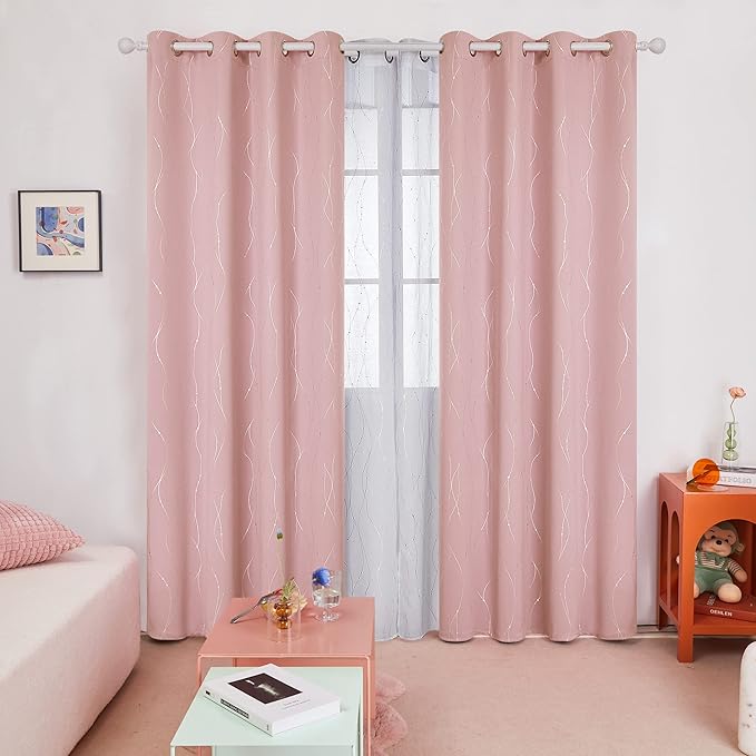 Deconovo Pink Blackout Curtains for Bedroom, Thermal Insulated Soundproof Pravicy Curtain, Silver Wave Dots Print, 52 x 95 Inch Long, Machine Washable Window Panels for Kids Room Nursery, Set of 2