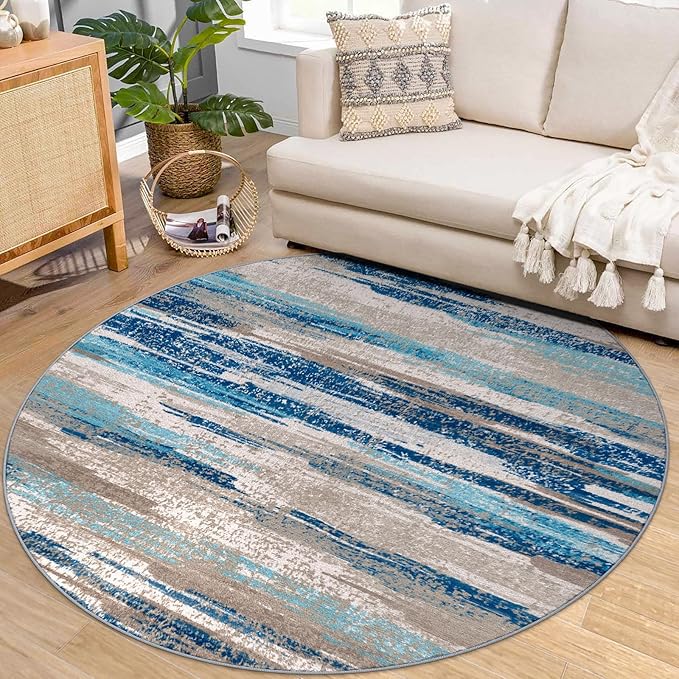 Lansny Modern Abstract Round Rug 6Ft, Blue Round Rug Washable Non-Slip Soft Small Circle Rug, Circular Dining Room Rugs Thin Print Faux Wool Carpet for Bedroom Living Room Office Playroom