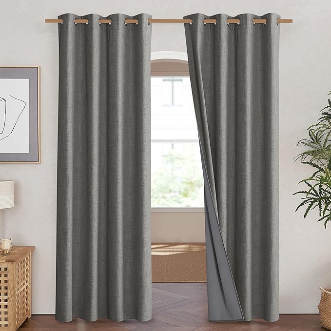 NICETOWN Grizzle Gray Vintage Linen 100% Blackout Curtains for Living Room, Thermal Insulated Curtains 90" Long, Noise Reducing Window Treatment Drapes for Home Cinema, 52" Wide Per Panel, Set of 2
