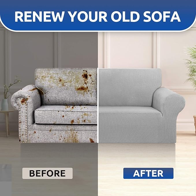 KEKUOU Stretch Loveseat Sofa Cover Slipcover,Couch Covers for 2 Cushion Couch Sofa (55"-78") Furniture Protector Sofa with Elastic Bottom for Kids,Dog. Jacquard Small Checked (Medium,Silver)