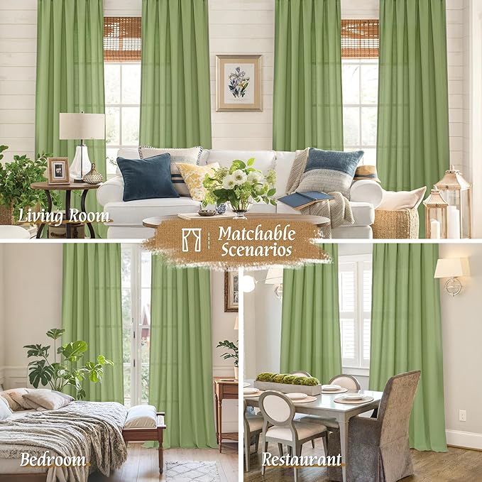 LAMIT Faux Linen Curtains 63 inches Long for Bedroom, Rod Pocket Thick Linen Drapes Light Filtering Privacy Window Spring Decor Curtains for Living Room, 2 Panels (52 x 63 Inch, Green)
